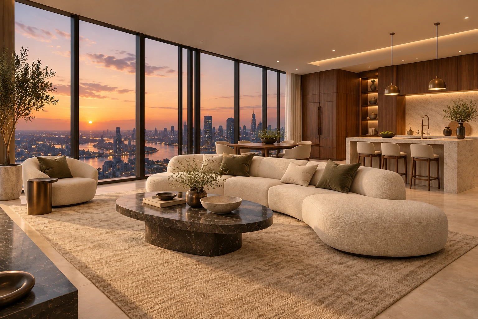 Concept render of a warm apartment lounge overlooking a city at sunset